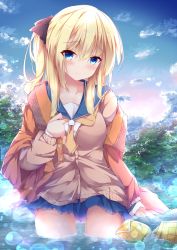 Rule 34 | 1girl, absurdres, bad hands, black bow, blonde hair, blue eyes, blue sailor collar, blue skirt, blue sky, blush, bow, brown cardigan, cardigan, closed mouth, cloud, collarbone, commentary request, day, fuuna, hair between eyes, hair bow, head tilt, highres, jacket, long hair, long sleeves, looking at viewer, moe2019, neckerchief, off shoulder, one side up, open clothes, open jacket, orange jacket, orange neckerchief, original, outdoors, pleated skirt, sailor collar, school uniform, serafuku, shirt, skirt, sky, smile, solo, tree, wading, water, white shirt