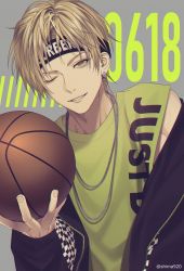 Rule 34 | 1boy, ;), ball, basketball, basketball (object), black headband, black hoodie, blonde hair, brown eyes, clothes writing, commentary request, dated, earrings, fingernails, green shirt, grey background, headband, highres, holding, holding ball, hood, hoodie, jewelry, kise ryouta, kuroko no basuke, long sleeves, looking at viewer, male focus, mashima shima, necklace, one eye closed, open clothes, open hoodie, parted lips, shirt, short hair, sleeveless, sleeveless shirt, smile, solo, twitter username, zipper