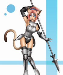 Rule 34 | 00s, 1girl, animal ears, armor, armpits, bad id, bad pixiv id, blue eyes, boots, cat girl, elbow gloves, final fantasy, final fantasy xi, gloves, headband, highres, kuromayu, leotard, mithra (ff11), pink hair, polearm, red hair, short hair, spear, tail, thigh boots, thighhighs, weapon