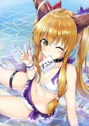 Rule 34 | 1girl, ;), alternate hairstyle, bare arms, bare shoulders, bikini, black choker, blonde hair, blush, bow, breasts, choker, collarbone, commentary request, from above, hair between eyes, hair bow, halterneck, hand up, horns, ibuki suika, long hair, looking at viewer, looking up, mouth hold, multicolored bikini, multicolored clothes, navel, one eye closed, oni, oni horns, purple bikini, purple bow, red bow, sarong, sidelocks, sitting, small breasts, smile, solo, stomach, swimsuit, thigh strap, thighs, tirotata, touhou, twintails, v, very long hair, water, white bikini, wristband, yellow eyes