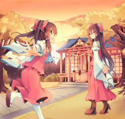 Rule 34 | 2girls, bow, brown eyes, brown hair, commentary, detached sleeves, hair bow, hair tubes, hakurei reimu, hakurei shrine, kirero, long hair, long sleeves, mother and daughter, multiple girls, open mouth, outstretched arms, red bow, shirt, skirt, skirt set, smile, sunset, touhou, tree, very long hair, wide sleeves