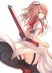 Rule 34 | 10s, 1girl, antiqq, ass, back-seamed legwear, blouse, breasts, dress, drum magazine, garter straps, green eyes, highres, holding, holding clothes, holding dress, kantai collection, looking at viewer, looking back, magazine (weapon), medium breasts, neckerchief, ponytail, red hair, red neckerchief, red thighhighs, revision, saratoga (kancolle), seamed legwear, shirt, smile, solo, thighhighs, thighs, white dress