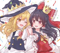 Rule 34 | 2girls, black hair, black ribbon, black vest, blonde hair, bow, braid, buttons, collar, confetti, crown, detached sleeves, frilled bow, frilled collar, frilled hair tubes, frills, hair bow, hair tubes, hakurei reimu, hat, hat ribbon, highres, holding hands, kirisame marisa, light blush, long sleeves, looking at another, medium hair, multiple girls, neck ribbon, one eye closed, open mouth, pink bow, puffy sleeves, red bow, red eyes, red vest, reimu tyuki, ribbon, ribbon-trimmed sleeves, ribbon trim, shirt, side braid, simple background, single braid, touhou, turtleneck, upper body, vest, white background, white shirt, wide sleeves, witch hat, yellow eyes, yellow ribbon