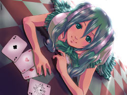 Rule 34 | 1girl, ace (playing card), ace of clubs, ace of diamonds, ace of hearts, ace of spades, aqua eyes, aqua hair, card, checkered floor, club (shape), clubs, diamond (gemstone), diamond (shape), dutch angle, floor, green nails, hatsune miku, heart, highres, long hair, looking at viewer, lying, nail polish, on stomach, perspective, playing card, ryon, smile, solo, spade, spade (shape), twintails, vocaloid