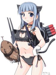 Rule 34 | 10s, 1girl, animal, animal ears, bare arms, bare legs, bare shoulders, bell, black bra, black panties, blue eyes, blue hair, blush, bra, breasts, cannon, carrying, cat cutout, cat ear panties, cat ears, cat girl, cat lingerie, cat tail, choker, cleavage cutout, clothing cutout, dated, female focus, gloves, hand on own hip, hatsukaze (kancolle), hime cut, jingle bell, kantai collection, legs, light blue hair, long hair, looking at viewer, meme attire, midriff, missile, navel, neck, neck bell, panties, shy, side-tie panties, simple background, small breasts, snake, standing, tail, tatsumi ray, underwear, white background, white gloves