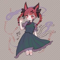 Rule 34 | 1girl, :3, animal ears, artist name, black nails, blunt bangs, blush, bow, braid, cat ears, cat girl, cat tail, closed mouth, commentary request, cropped legs, dated, dress, green dress, hair bow, hand up, highres, hitodama, kaenbyou rin, long hair, looking at viewer, m (m073111), red bow, red eyes, red hair, solo, tail, touhou, twin braids