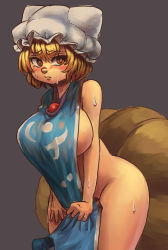 Rule 34 | 1girl, blonde hair, blush, breasts, chanta (ayatakaoisii), covering privates, covering crotch, cowboy shot, embarrassed, female focus, fox tail, grey background, hat, highres, large breasts, looking at viewer, mob cap, multiple tails, naked tabard, no bra, no panties, short hair, sideboob, simple background, solo, standing, sweat, tabard, tail, touhou, wavy mouth, yakumo ran, yellow eyes
