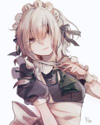 Rule 34 | 1girl, apron, ascot, black ribbon, bow, braid, commentary, green ascot, green bow, hair between eyes, hair bow, hair ribbon, holding, holding knife, izayoi sakuya, knife, looking at viewer, m (neteitai10), maid, maid apron, maid headdress, medium hair, one-hour drawing challenge, ribbon, smile, solo, throwing knife, touhou, twin braids, upper body, weapon, white hair, wrist cuffs