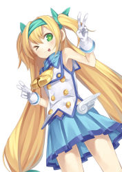 Rule 34 | &gt; o, 1girl, ;), bell, blazblue, blonde hair, collar, double v, gloves, green eyes, gurasion (gurasion), heart, heart-shaped pupils, long hair, neck bell, one eye closed, open mouth, platinum the trinity, simple background, skirt, smile, solo, staff, symbol-shaped pupils, two side up, v, very long hair, white background, wink