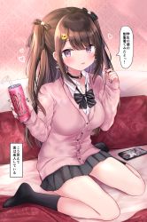 Rule 34 | 1girl, bendy straw, black bow, black choker, black nails, black skirt, black socks, blush, bow, brown hair, can, cardigan, cellphone, choker, collared shirt, commentary request, diagonal-striped bow, drinking straw, emoji, energy drink, full body, hair bow, hair ornament, hairclip, heart, heart o-ring, highres, holding, holding can, jewelry, jirai-chan (masayo), long sleeves, looking at viewer, masayo (gin no ame), monster energy, nail art, nail polish, no shoes, original, parted lips, phone, pink cardigan, pleading face emoji, pleated skirt, purple eyes, ring, shirt, sitting, skirt, sleeves past wrists, socks, solo, translation request, two side up, wariza, white shirt