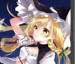 Rule 34 | 1girl, bad id, bad twitter id, blonde hair, braid, breasts, crying, crying with eyes open, hat, kirisame marisa, messy hair, open clothes, open shirt, puffy short sleeves, puffy sleeves, shanghai bisu, shirt, short sleeves, side braid, single braid, small breasts, solo, tears, touhou, witch hat, yellow eyes