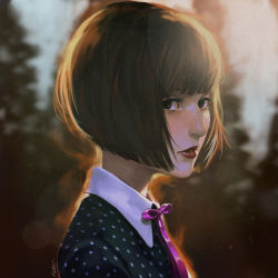 Rule 34 | 1girl, backlighting, blurry, bob cut, brown hair, commission, depth of field, lipstick, looking at viewer, makeup, portrait, real life, rejean dubois, short hair, solo, tree