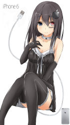 Rule 34 | 1girl, absurdres, apple inc., bare shoulders, black dress, black gloves, black thighhighs, blue eyes, breasts, cellphone, choker, cleavage, dress, elbow gloves, food-themed hair ornament, gloves, hair ornament, hairclip, hand on own chest, heterochromia, highres, iphone, long hair, looking at viewer, personification, phone, product girl, red eyes, saku (kudrove), smartphone, smile, solo, tattoo, thighhighs, usb