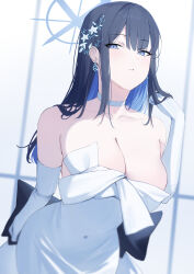 Rule 34 | 1girl, absurdres, black hair, blue archive, blue eyes, blue hair, blue halo, breasts, choker, cleavage, closed mouth, collarbone, colored inner hair, covered navel, cowboy shot, dress, earrings, elbow gloves, gloves, halo, highres, jewelry, large breasts, long hair, looking at viewer, multicolored hair, official alternate costume, ref (pmxt4483), saori (blue archive), saori (dress) (blue archive), solo, strapless, strapless dress, white choker, white dress, white gloves