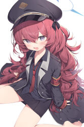 Rule 34 | 1girl, arm support, armband, bare legs, barefoot, black hat, black shirt, blue archive, collared shirt, from above, grey eyes, hair between eyes, hair ribbon, halo, hat, highres, iroha (blue archive), jacket, long hair, long sleeves, looking at viewer, loose necktie, military hat, military jacket, military uniform, necktie, open mouth, peaked cap, pencil skirt, red armband, red hair, red necktie, ribbon, shirt, simple background, sitting, skirt, sleeves past wrists, solo, topia, uniform, very long hair, wavy hair, white background