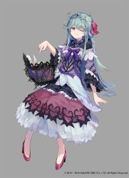 Rule 34 | 1girl, ;3, blue eyes, blue hair, book, copyright notice, dress, full body, grey background, grimms notes, hair ribbon, makihitsuji, official art, one eye closed, princess aurora (grimms notes), ribbon, shoes, smile, solo, tiara, weapon