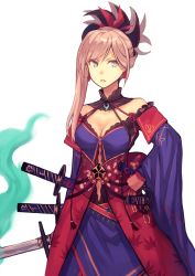 Rule 34 | 1girl, asymmetrical hair, bare shoulders, breasts, choker, cleavage, earrings, fate/grand order, fate (series), floral print, hair ornament, hand on own hip, highres, japanese clothes, jewelry, katana, long hair, long sleeves, looking away, magatama, miyamoto musashi (fate), miyamoto musashi (third ascension) (fate), multiple swords, navel, peroncho, pink hair, ponytail, sheath, sheathed, simple background, solo, sword, unsheathed, weapon
