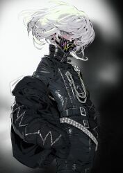 Rule 34 | 1boy, absurdres, aiguillette, androgynous, belt, belt collar, black jacket, black pants, black shirt, collar, covered mouth, earrings, fashion, from side, grey eyes, grey hair, hair between eyes, highres, jacket, jewelry, kaninn, lio fotia, long sleeves, looking at viewer, looking to the side, male focus, mask, mouth mask, multiple belts, off shoulder, open clothes, open jacket, pants, promare, shirt, short hair, sleeves past fingers, sleeves past wrists, solo, stud earrings, studded belt, twitter username, white hair, zipper