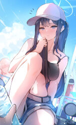 Rule 34 | 1other, 3girls, black hair, blue archive, blue eyes, blue halo, blue shorts, blush, breasts, brown hair, cellphone, closed mouth, cloud, cloudy sky, collarbone, day, halo, hat, highres, long hair, looking at viewer, medium breasts, multiple girls, navel, official alternate costume, outdoors, phone, pink hair, ponytail, saori (blue archive), saori (swimsuit) (blue archive), sea nami, shorts, signature, sky, smartphone, solo focus, white headwear