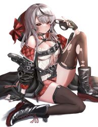 Rule 34 | 1girl, ahoge, arm strap, asymmetrical hair, belt, black belt, black collar, black footwear, black gloves, black hair, black jacket, black thighhighs, blush, boots, bow, braid, breasts, camisole, chest belt, cleavage, closed mouth, collar, commentary, cross-laced footwear, ear piercing, eye mask, eyebrows hidden by hair, fingerless gloves, french braid, frilled camisole, frills, frown, full body, gloves, grey hair, hair ornament, heart belt, highres, holding, holding mask, hololive, hood, hood down, hooded jacket, jacket, knee up, long hair, looking at viewer, maison de cante, mask, unworn mask, medium breasts, miniskirt, multicolored hair, multiple belts, nail polish, o-ring, off shoulder, open clothes, open jacket, piercing, plaid, plaid bow, plaid skirt, red bow, red eyes, red nails, red skirt, sakamata chloe, simple background, single braid, sitting, skirt, solo, streaked hair, studded belt, thighhighs, thighs, torn clothes, torn thighhighs, two-sided fabric, two-sided jacket, two-tone hair, virtual youtuber, white background, white camisole, x hair ornament