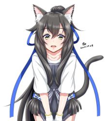 Rule 34 | 1girl, animal ear fluff, animal ears, apron, black apron, black hair, cat ears, cat tail, commentary request, cowboy shot, dated, hair ribbon, highres, i-47 (kancolle), kantai collection, leaning forward, long hair, looking at viewer, low-tied long hair, official alternate costume, ponytail, ribbon, shirt, short sleeves, sidelocks, signature, simple background, solo, standing, tail, tk8d32, tress ribbon, white background, white shirt