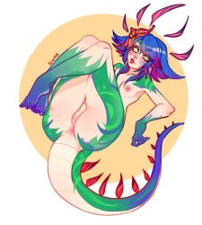Rule 34 | 1girl, absurdres, ass, barefoot, blue hair, blush, breasts, cleft of venus, collarbone, colored skin, completely nude, flower, freckles, green skin, hair flower, hair ornament, highres, ilwha, knees up, league of legends, medium hair, neeko (league of legends), nipples, nude, orange background, orange eyes, pink hair, pussy, red flower, red lips, slit pupils, small breasts, solo, tail, white background