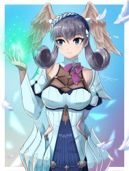 Rule 34 | 1girl, blue eyes, braid, breasts, crown braid, dress, fgsketch, head wings, highres, juliet sleeves, long sleeves, magic, medium breasts, melia antiqua, o-ring, puffy sleeves, short dress, solo, thighhighs, wings, xenoblade chronicles: future connected, xenoblade chronicles (series), xenoblade chronicles 1