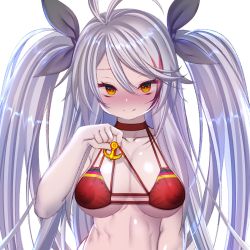 Rule 34 | 1girl, absurdres, anchor symbol, antenna hair, azur lane, bikini, bikini pull, black ribbon, blush, breasts, choker, closed mouth, clothes pull, german flag, hair between eyes, hair ribbon, highres, large breasts, long hair, looking at viewer, mature female, multicolored hair, nanaken nana, nipples, nose blush, prinz eugen (azur lane), prinz eugen (unfading smile) (azur lane), pulling own clothes, red bikini, red choker, ribbon, silver hair, simple background, smile, solo, streaked hair, swimsuit, two side up, upper body, white background, yellow eyes