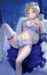 Rule 34 | 1girl, absurdres, aki rosenthal, aki rosenthal (sleepwear), blonde hair, blue eyes, bob cut, breasts, cityscape, coat, detached hair, highres, hololive, navel, pi tayuko, shorts, single thighhigh, sitting, slippers, solo, spaghetti strap, thighhighs, thighs, twintails, virtual youtuber, white thighhighs