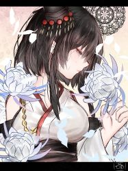 Rule 34 | 1girl, bad id, bad twitter id, black hair, close-up, detached sleeves, flower, hair ornament, holding, holding flower, kantai collection, letterboxed, nontraditional miko, nora (salatto), red eyes, short hair, signature, solo, wide sleeves, yamashiro (kancolle)