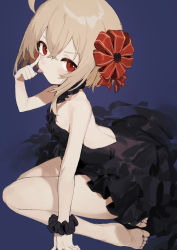 Rule 34 | 1girl, absurdres, akanbe, alternate costume, backless dress, backless outfit, bare legs, bare shoulders, barefoot, black dress, blonde hair, blue background, closed mouth, commentary, dress, eyelid pull, full body, hair between eyes, hair ribbon, highres, looking at viewer, petite, red eyes, red ribbon, ribbon, rumia, scrunchie, seiza, sh (shinh), short hair, simple background, sitting, sleeveless, sleeveless dress, solo, thighs, tongue, tongue out, touhou