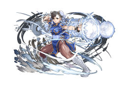 Rule 34 | 1girl, black hair, blue dress, boots, bracelet, breasts, brown eyes, brown pantyhose, bun cover, capcom, china dress, chinese clothes, chun-li, commentary request, cross-laced footwear, double bun, dress, dust cloud, energy ball, fighting stance, full body, hair bun, highres, jewelry, knee boots, lace-up boots, medium breasts, official art, pantyhose, pelvic curtain, puffy short sleeves, puffy sleeves, sash, short sleeves, side slit, simple background, solo, spiked bracelet, spikes, street fighter, thick thighs, thighs, white footwear, yasuda akira