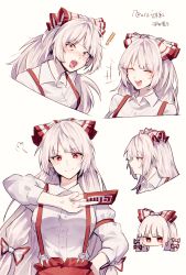 Rule 34 | 1girl, absurdres, armband, blouse, bow, collared shirt, dress shirt, expressions, fujiwara no mokou, hair bow, highres, long hair, long sleeves, multiple views, red eyes, shirt, simple background, somei ooo, suspenders, touhou, white background, white hair, white shirt