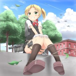 Rule 34 | 10s, 1girl, absurdres, aircraft, airplane, bird, black legwear, blonde hair, blush, bow, bowtie, building, cannon, cloud, contrail, day, gloves, green eyes, grin, hands on own knees, highres, kantai collection, knees together feet apart, leaf, loafers, looking at viewer, maikaze (kancolle), nedia (nedia region), outdoors, shoes, short ponytail, short sleeves, sitting, smile, solo, tree, vest, white gloves, wind