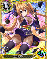 Rule 34 | 1girl, armpits, black panties, bomb, breasts, bridal gauntlets, card (medium), cleavage, explosive, female focus, fishnets, high school dxd, holding, holding knife, holding weapon, japanese clothes, knife, kunai, large breasts, long hair, ninja, official art, orange hair, panties, purple eyes, shidou irina, smile, solo, tagme, twintails, underwear, weapon
