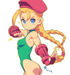 Rule 34 | 1girl, antenna hair, ass, beret, blonde hair, blue eyes, blush stickers, braid, breasts, cammy white, clenched hand, female focus, fighting stance, fingerless gloves, gauntlets, gloves, green leotard, hat, highleg, highleg leotard, leotard, looking at viewer, metata, outline, serious, simple background, solo, street fighter, twin braids, white background, yellow outline