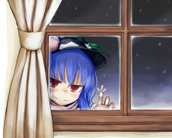 Rule 34 | &gt;:), 1girl, blush, curtains, face, food, fruit, grin, hat, hinanawi tenshi, indoors, leaf, long hair, nice (artist), peach, red eyes, smile, snow, solo, tapping, touhou, v-shaped eyebrows, window