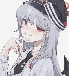 Rule 34 | 1girl, black hat, black necktie, blue archive, blush, braid, breasts, center frills, collared shirt, frills, grey background, grey hair, grin, hakuhatsu, halo, hand up, haruna (blue archive), hat, long hair, long sleeves, looking at viewer, necktie, red eyes, shirt, simple background, single braid, small breasts, smile, solo, upper body, wings