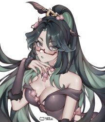 Rule 34 | 1girl, alternate costume, bare shoulders, black hair, blush, breasts, chinese hairpin, cleavage, closed mouth, cloud retainer (genshin impact), collarbone, colored inner hair, expressionless, genshin impact, glasses, hair ornament, highres, large breasts, long hair, looking at viewer, multicolored hair, red-framed eyewear, semi-rimless eyewear, solo, two-tone hair, upper body, very long hair, xianyun (genshin impact), yara (yara mochi)