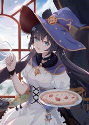Rule 34 | 1girl, absurdres, alternate costume, apron, aqua eyes, catmelon (user melon010203), choker, cloud, cloudy sky, corset, cowboy shot, food, frilled apron, frills, fur-trimmed collar, fur trim, genshin impact, gold trim, hat, highres, holding, holding jug, holding plate, indoors, long hair, looking at viewer, maid, maid apron, mona (genshin impact), open mouth, pizza, plate, puffy short sleeves, puffy sleeves, purple hair, short sleeves, sky, solo, sparkle print, star (symbol), star choker, twintails, window, window blinds, witch hat
