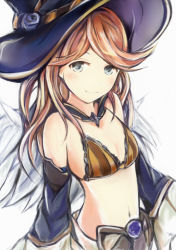 Rule 34 | 1girl, beatrix (granblue fantasy), beatrix (granblue fantasy) (cosplay), blue hat, bra, breasts, brown bra, brown hair, choker, cleavage, cosplay, detached sleeves, floating hair, granblue fantasy, grey eyes, hat, long hair, looking at viewer, midriff, nannacy7, navel, sara (granblue fantasy), simple background, sketch, small breasts, smile, solo, stomach, striped bra, striped clothes, underwear, upper body, white background, witch hat