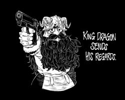 Rule 34 | 1boy, alternate weapon, beard, cropped legs, dungeon meshi, dwarf, english text, facial hair, fake horns, greyscale, gun, helmet, holding, holding gun, holding weapon, horned helmet, horns, jorongbak, long beard, looking ahead, male focus, monochrome, mustache, outstretched arm, pointing weapon, senshi (dungeon meshi), serious, solo, thick mustache, very long beard, voice actor connection, weapon