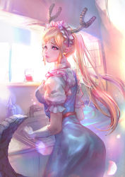 Rule 34 | 1girl, belt, blonde hair, blouse, blue dress, bottle, breasts, cglas, dragon girl, dragon horns, dragon tail, dress, faucet, gloves, horns, kitchen, kobayashi-san chi no maidragon, long hair, looking at viewer, looking back, maid, maid headdress, makeup, parted lips, puffy short sleeves, puffy sleeves, realistic, red belt, red eyes, shirt, short sleeves, sink, solo, standing, sunlight, tail, tohru (maidragon), twintails, very long hair, white gloves, white shirt
