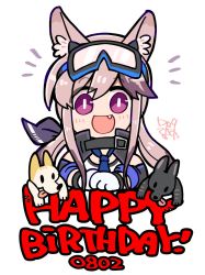 Rule 34 | 1girl, :d, animal, animal ear fluff, animal ears, arknights, bare shoulders, blue necktie, cardigan (arknights), chibi, dog, dog-san, dog ears, dog girl, fang, gloves, goggles, goggles on head, happy birthday, highres, long hair, looking at viewer, multicolored hair, necktie, open mouth, pink hair, purple hair, shirt, sidelocks, simple background, smile, solo, streaked hair, tongue, upper body, white background, white gloves, white shirt