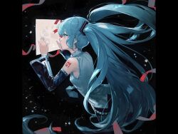 Rule 34 | 1girl, bare shoulders, belt, black background, black skirt, black sleeves, blue eyes, blue hair, blue nails, chinese commentary, collared shirt, commentary request, detached sleeves, floating hair, frilled shirt, frills, grey shirt, hair between eyes, hair ornament, hatsune miku, highres, kikihuihui, leaning forward, long hair, long sleeves, loose belt, nail polish, number tattoo, partial commentary, pleated skirt, shirt, sidelocks, simple background, skirt, sleeveless, sleeveless shirt, solo, tattoo, twintails, very long hair, vocaloid