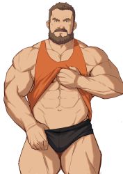 Rule 34 | 1boy, abs, absurdres, bara, beard, black male underwear, briefs, brown hair, bulge, clothes lift, cowboy shot, facial hair, highres, large pectorals, lifted by self, looking at viewer, pectoral cleavage, male focus, male underwear, male underwear pull, mature male, muscular, muscular male, mustache, navel, no pants, orange tank top, original, pectorals, pulled by self, ryker, shirt lift, short hair, sidepec, smile, solo, stomach, tank top, thick thighs, thighs, underwear, white background