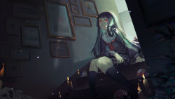 Rule 34 | 1girl, absurdres, arm at side, backlighting, bad id, bad pixiv id, ball, black footwear, black hair, black serafuku, black skirt, black socks, blunt bangs, candle, candlelight, enma ai, feet out of frame, flat chest, flower, highres, hime cut, holding, indoors, jigoku shoujo, kneehighs, light particles, lipstick, loafers, long hair, long sleeves, looking away, makeup, miniskirt, neckerchief, picture frame, plant, pleated skirt, red eyes, red neckerchief, school uniform, serafuku, shoes, sideways glance, sitting, sitting on stairs, skirt, skirt set, skull, socks, solo, stairs, straight hair, straw doll, temari ball, voodoo doll, xiaojiaju