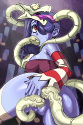 Rule 34 | 1girl, all the way through, anal, ass, bad id, bad pixiv id, blue skin, breasts, censored, colored skin, deepthroat, fellatio, hair over one eye, highres, interspecies, large breasts, leviathan (skullgirls), maniacpaint, mosaic censoring, no panties, oral, purple hair, red eyes, side ponytail, skullgirls, solo, spread ass, squigly (skullgirls), stitched mouth, stitches, vaginal