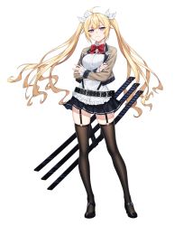 Rule 34 | 1girl, :3, absurdres, ahoge, alpha transparency, belt, belt buckle, black footwear, black thighhighs, blonde hair, buckle, counter:side, crossed arms, full body, hair ornament, highres, long hair, long sleeves, miniskirt, naielle bluesteel, official art, shoes, skirt, solo, sword, sword behind back, thighhighs, transparent background, twintails, weapon