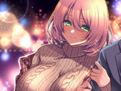 Rule 34 | 1boy, 1girl, aizawa chihiro, beige sweater, blue jacket, blurry, blurry background, blush, breasts, closed mouth, coat, commentary request, green eyes, hair between eyes, holding person, jacket, medium hair, off shoulder, open clothes, open coat, original, out of frame, pink hair, ribbed sweater, smile, sweater, turtleneck, turtleneck sweater, upper body